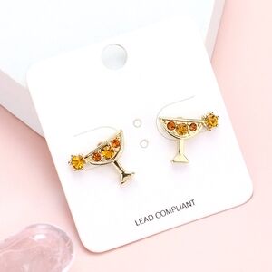 Yellow Stone Gold Martini Cocktail Stud Earrings Statement Jewelry Accessory